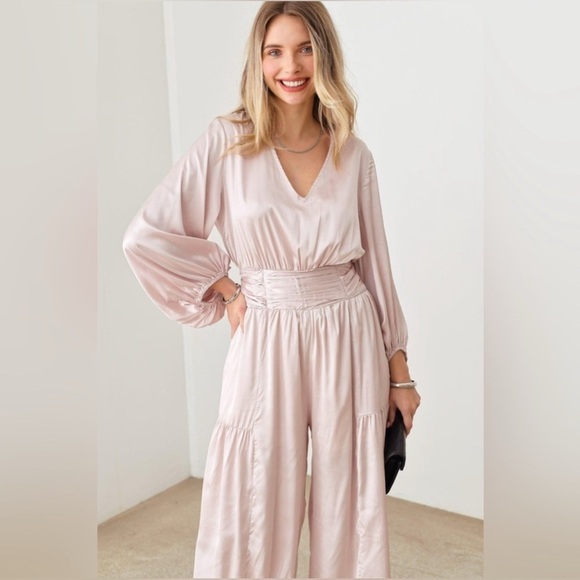 Mustard Seed Satin V-Neck Ruched Waist Wide Leg Jumpsuit - Picture 5 of 7